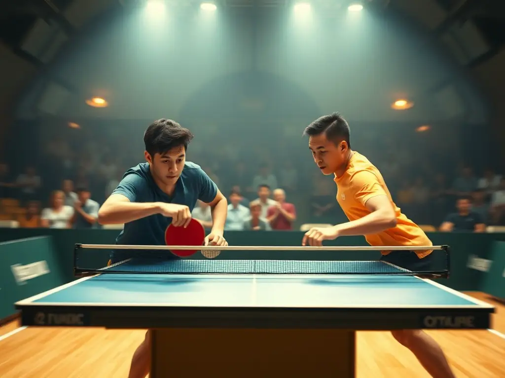 A table tennis tournament with players competing intensely, showcasing fast-paced action and focused concentration.