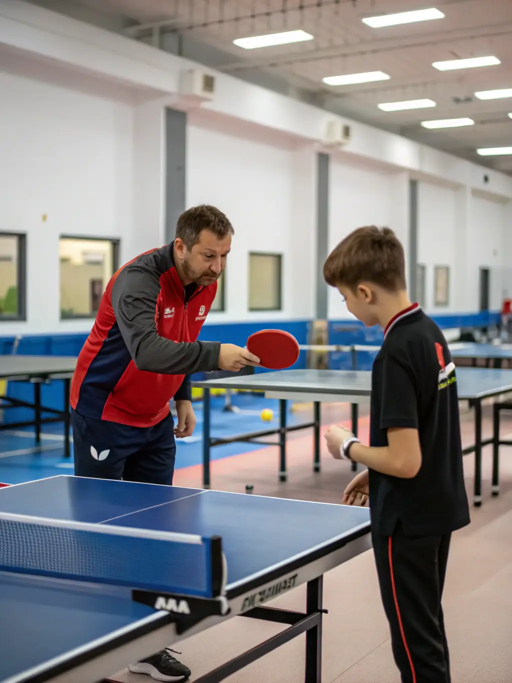 A dynamic shot of a table tennis coach guiding a young player during a training session, emphasizing skill development and personalized attention.