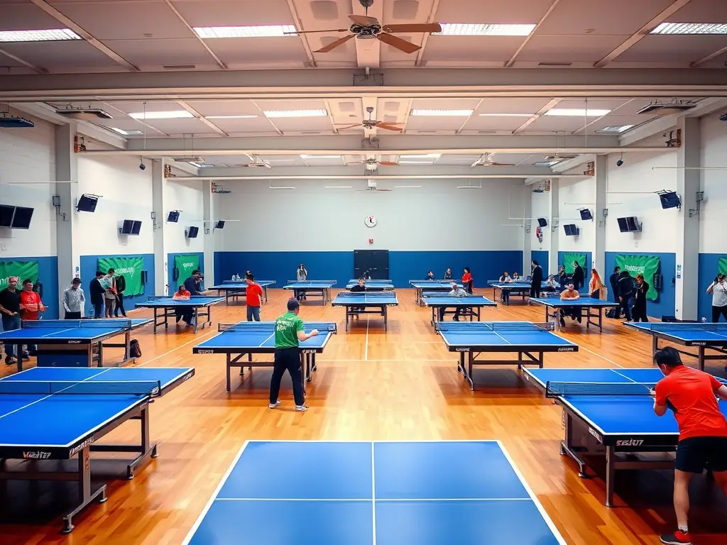 A group of adults participating in a recreational table tennis session at a local community center, emphasizing the social and health benefits of the activity.