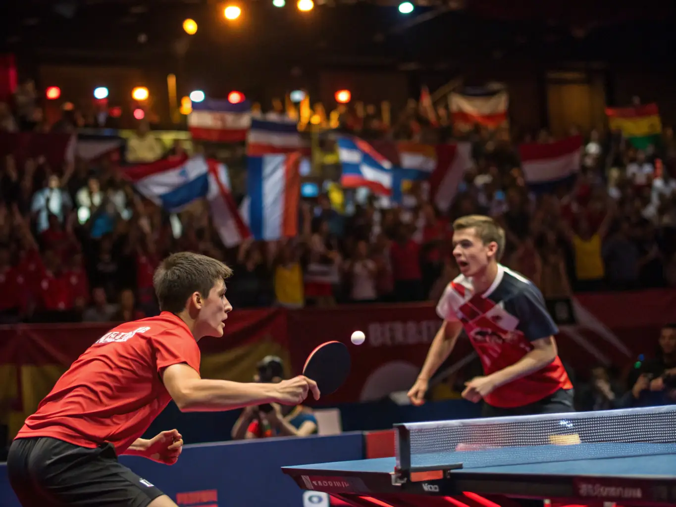 An action shot of experienced players engaged in a competitive table tennis match during a local tournament, highlighting the intensity and skill involved.
