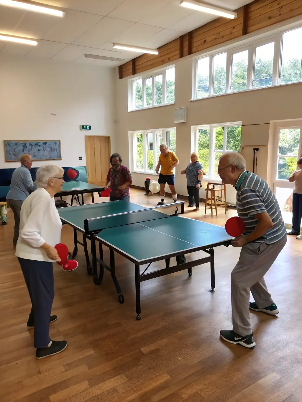 A group of adults participating in a friendly table tennis tournament at a local community center, highlighting the social and recreational aspects of the sport.