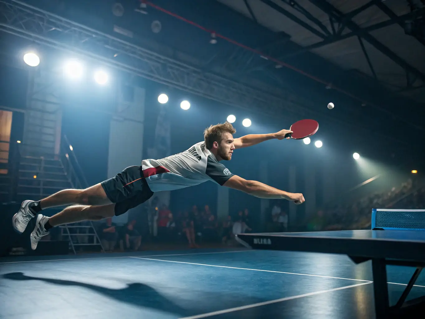 A dynamic shot of a young table tennis player intensely focused during a competition, showcasing the talent development aspect of CDTT COMITE DEPART TENNIS TABLE CORREZE.