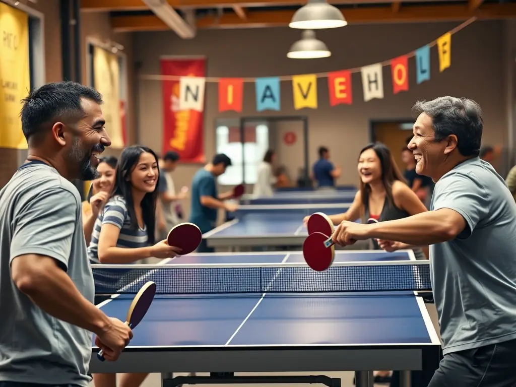 A friendly table tennis match between community members, highlighting the inclusive and social aspect of the sport.